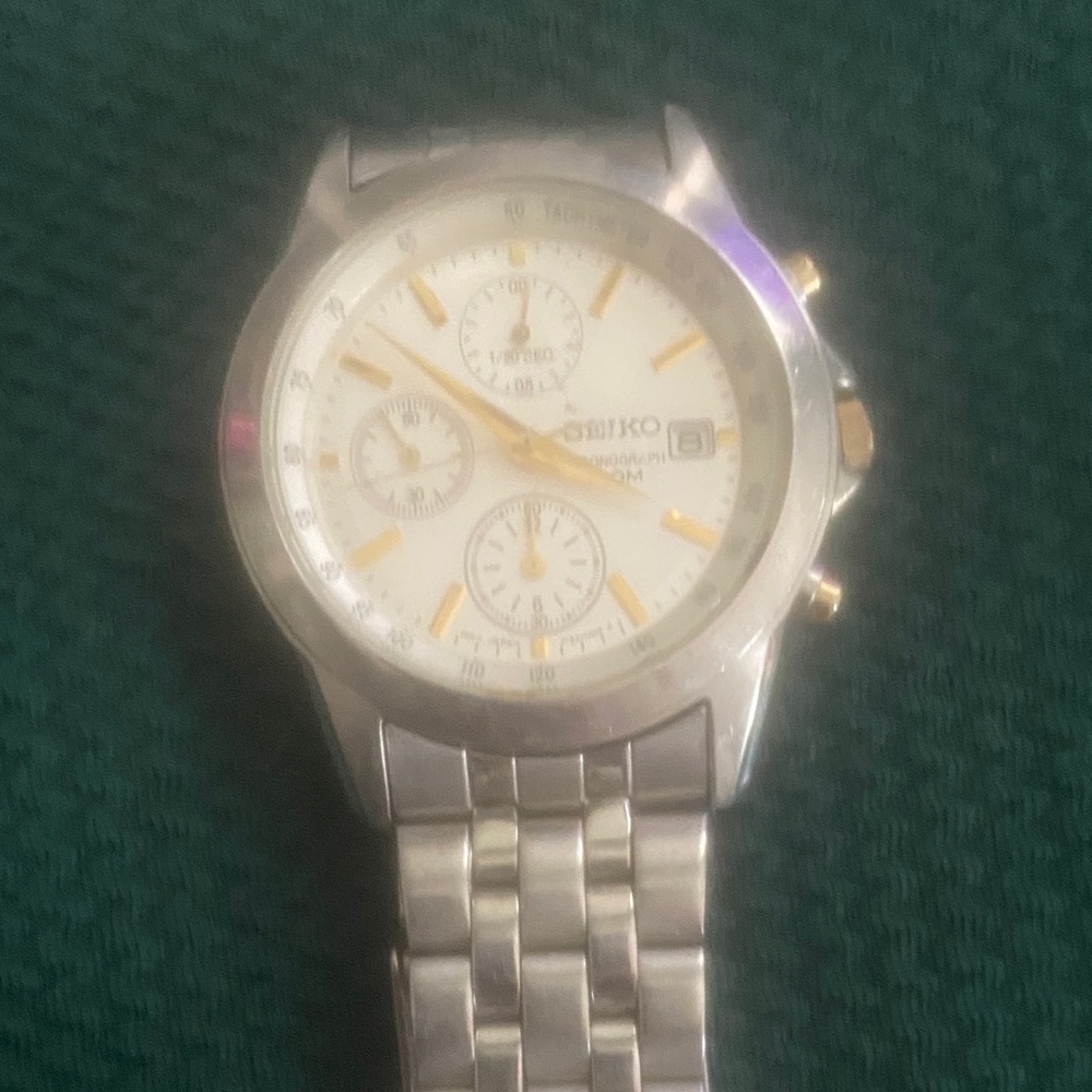 Seiko Silver Watch with White and Gold Dial